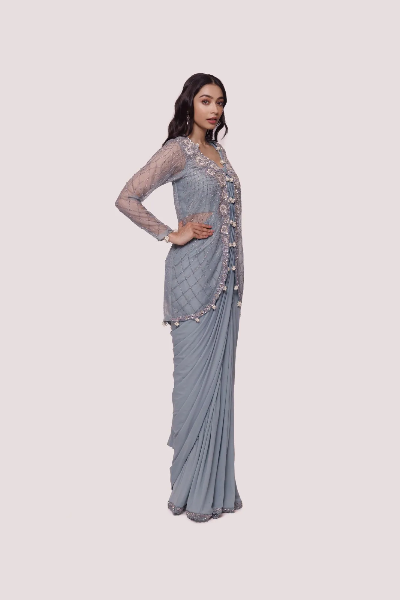 90Y016-RO Doctor Blue Lycra Drape Saree with Embellished Jacket