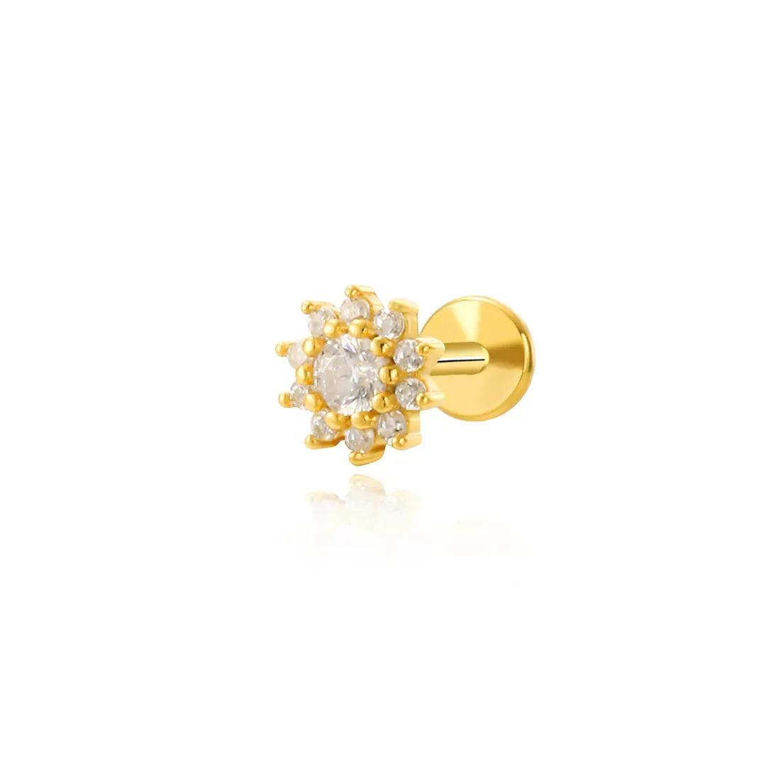 Diamond Sunflower Flat Back Stud Earring (18G)