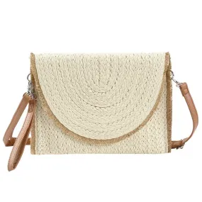 Frayed Trim Straw Crossbody/Clutch - Beige