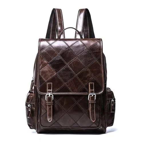 Genuine Leather School Bag with Brown Plaid Design