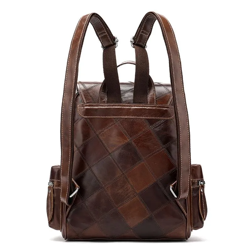 Genuine Leather School Bag with Brown Plaid Design