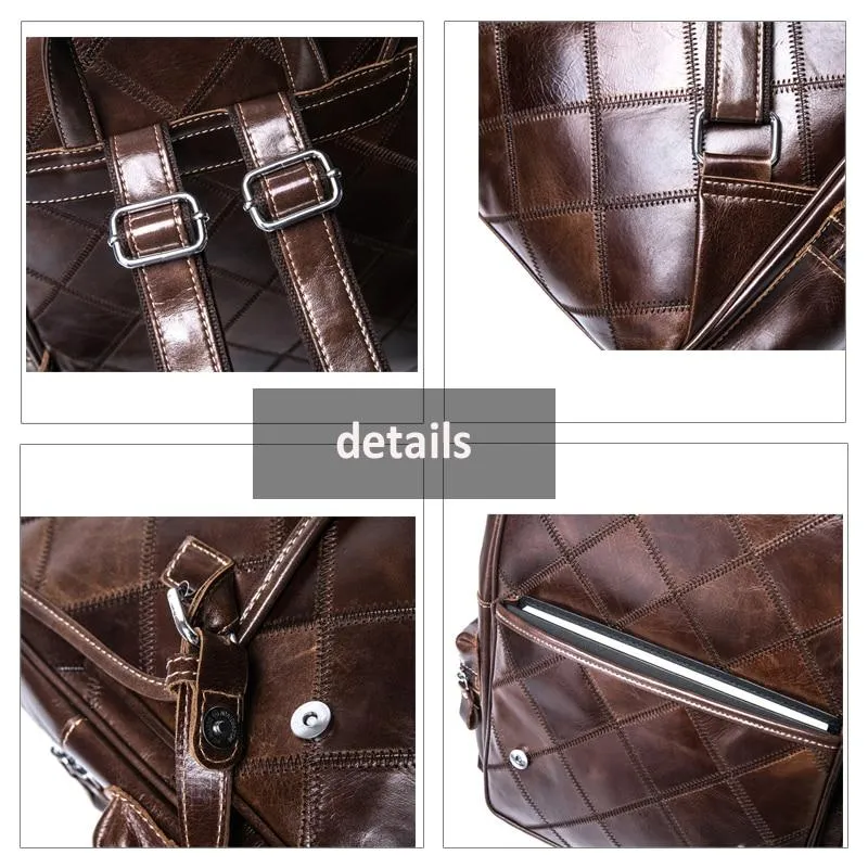 Genuine Leather School Bag with Brown Plaid Design