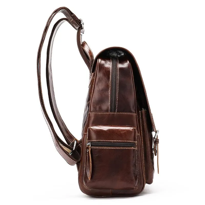 Genuine Leather School Bag with Brown Plaid Design