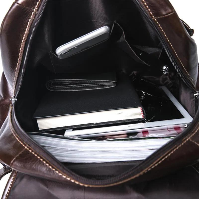 Genuine Leather School Bag with Brown Plaid Design