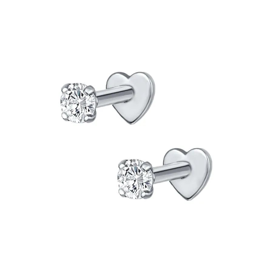 Love Flat Back 4 Claw CZ Diamond Stud Earrings