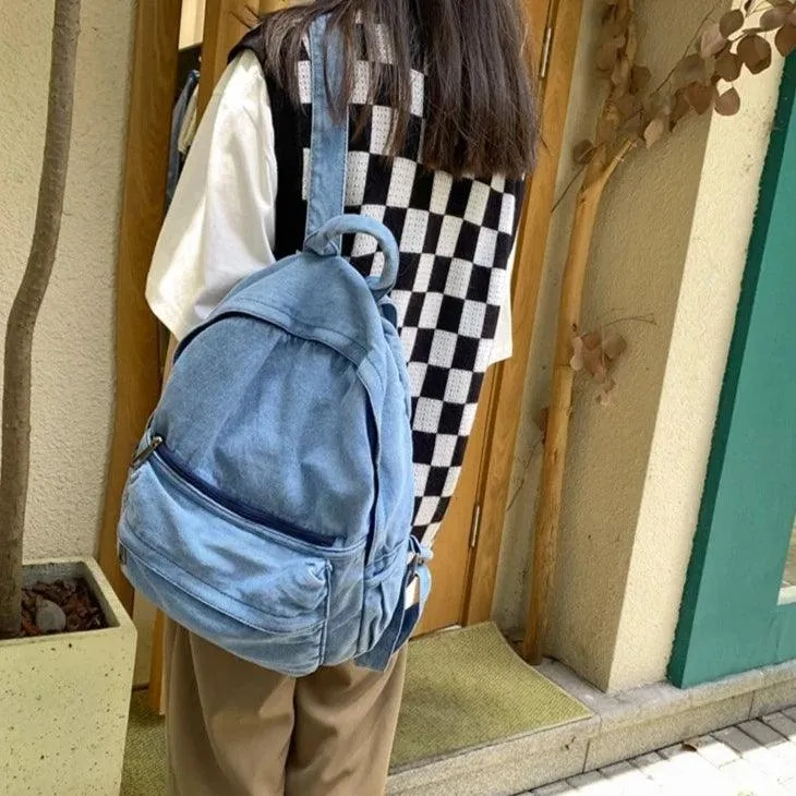 Multifunction Denim Cool Backpack EN257 - Korean Style Blue School Bag