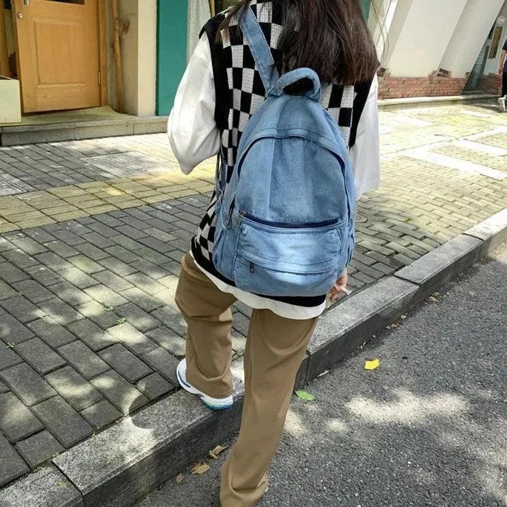 Multifunction Denim Cool Backpack EN257 - Korean Style Blue School Bag