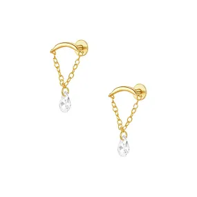 Pear Zircon Chain Pendant Flat Back Earrings