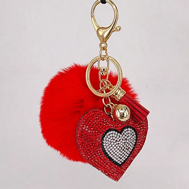 Pompom Keychain Rhinestone Heart Women's Bags Key Ring Handmade Accrssories Keychains Pendants Charming Suspension Decoration