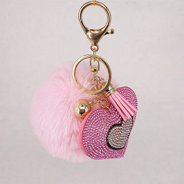 Pompom Keychain Rhinestone Heart Women's Bags Key Ring Handmade Accrssories Keychains Pendants Charming Suspension Decoration