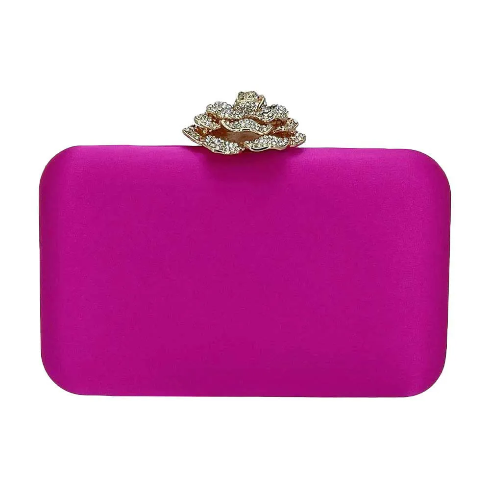 Rhinestone Pave Rose Clasp Evening Clutch Bag