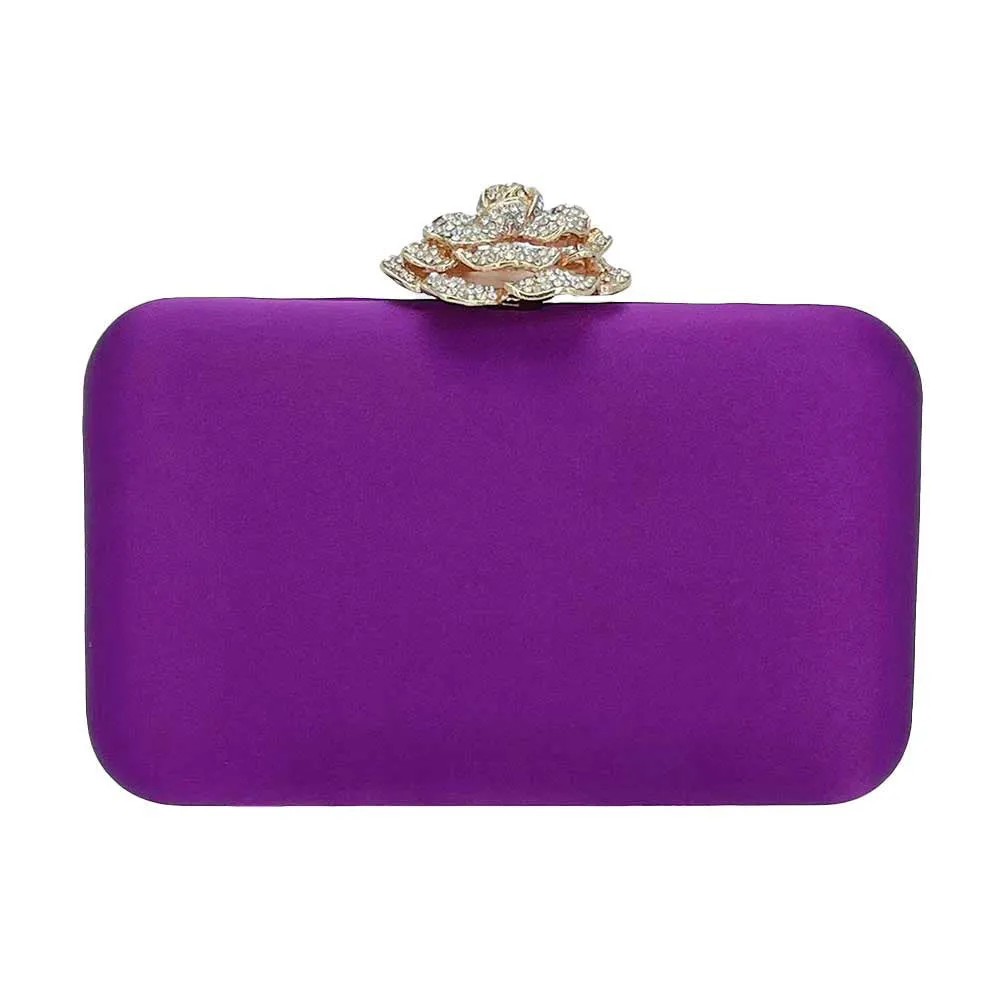 Rhinestone Pave Rose Clasp Evening Clutch Bag