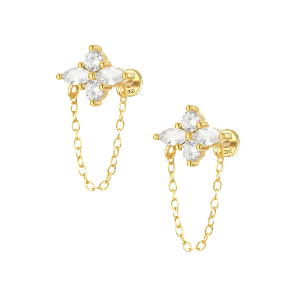 S925 silver CZ Diamond  tassel four-petal flower flat back earrings