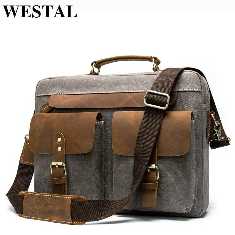 WESTAL Men Briefcases Men's Bag Genuine Leather