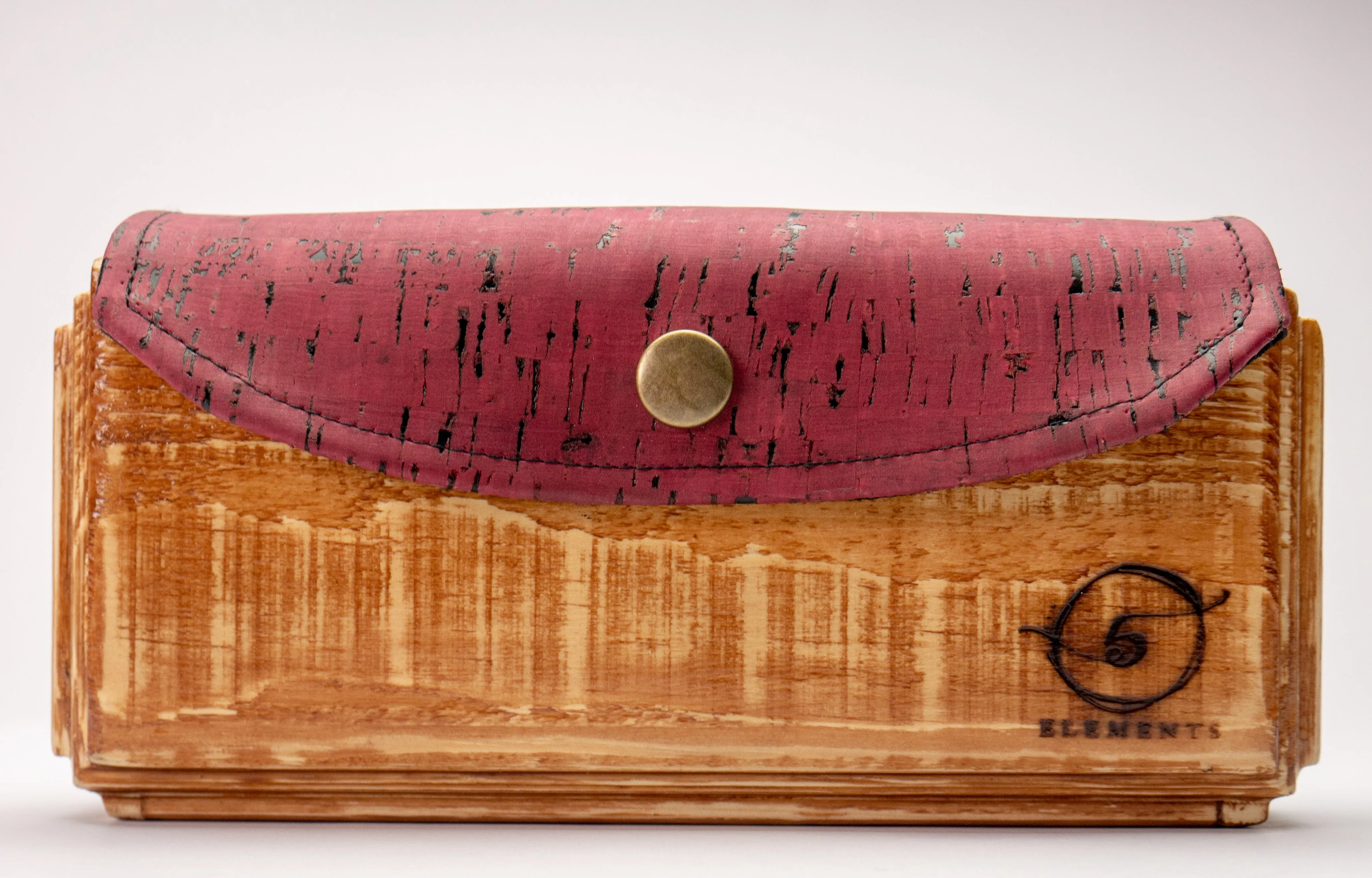 Wooden handmade purse in brown with red cork leather.